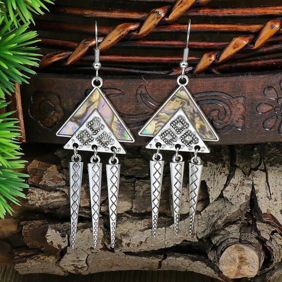 Silver Ethnic Feather Aztec Style Geometric Tassel Alloy Drop Earrings Flower - Picture 6 of 6